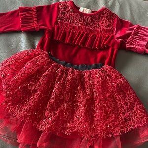 Caramelo kids holiday Christmas 🎄 red velvet lace and sequin two piece skirt set